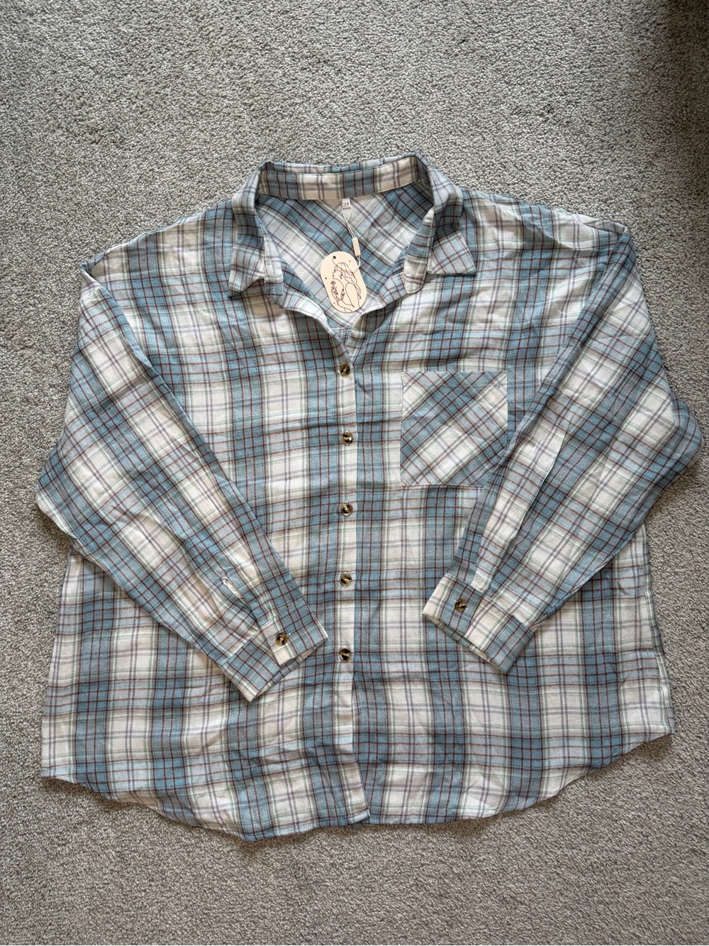 Women's Plaid Button-Down Shirt in Light Blue and White